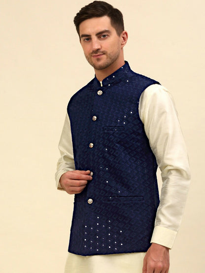 Buy Navy Blue Embroidered Nehru Jacket for Men – Regular Fit, Stylish & Elegant | Indiaista