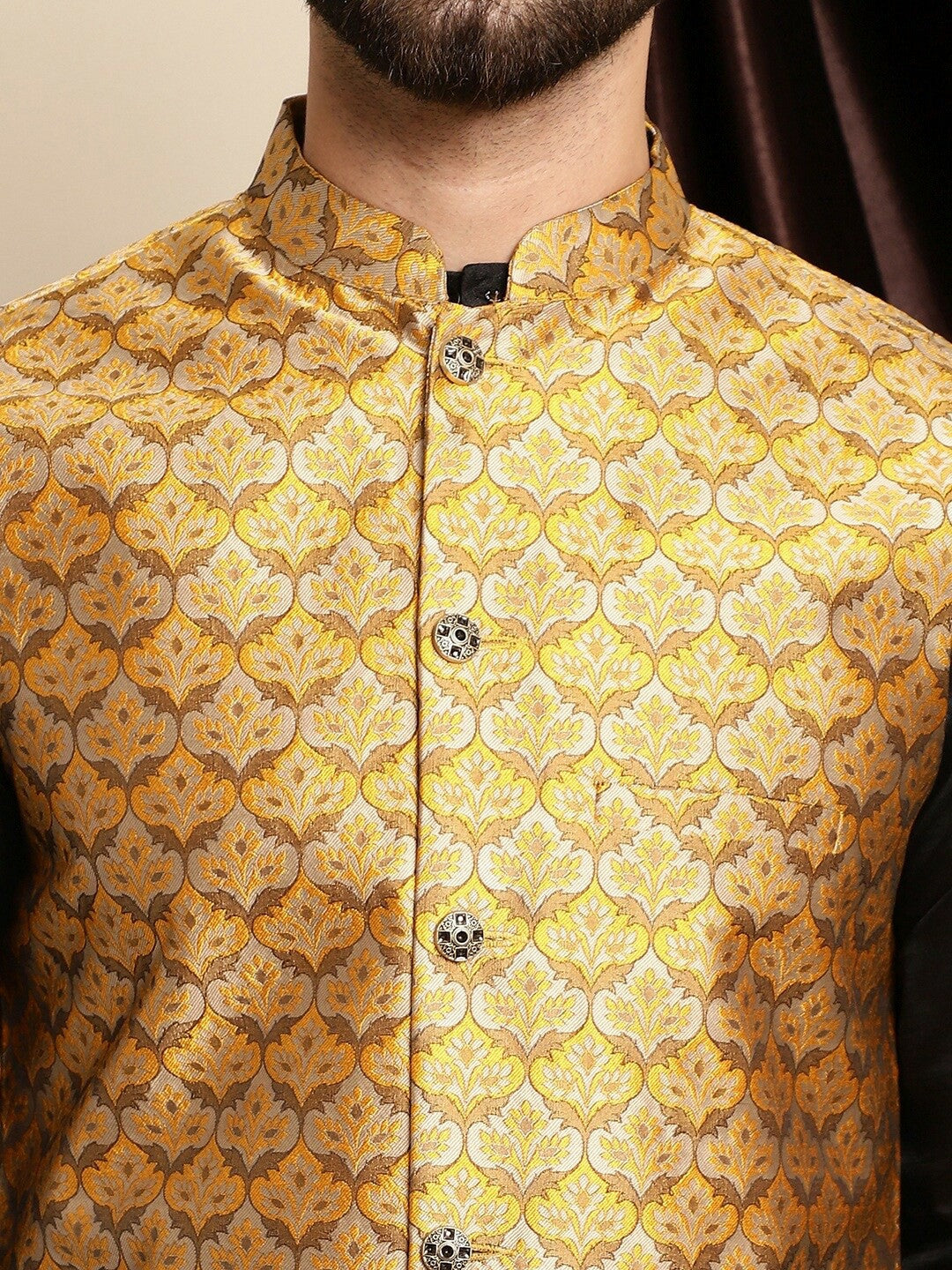 Mustard Yellow & Beige Woven Design Nehru Jacket for Men | Sleeveless with Mandarin Collar & Pockets