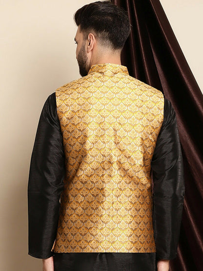 Mustard Yellow & Beige Woven Design Nehru Jacket for Men | Sleeveless with Mandarin Collar & Pockets