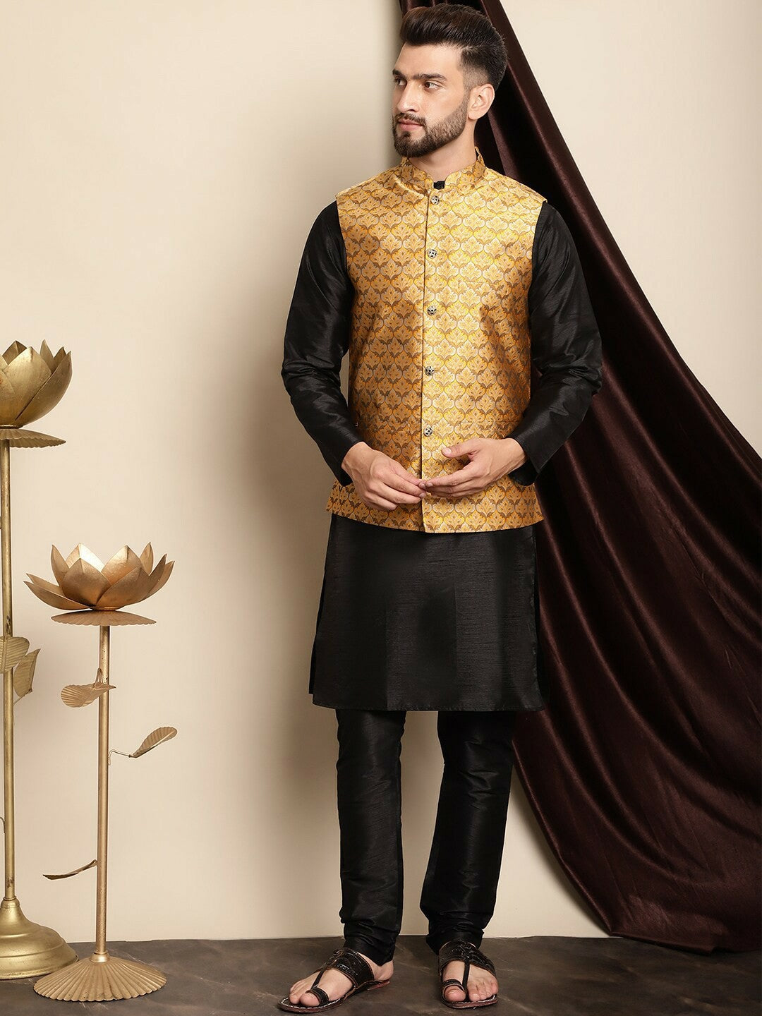 Mustard Yellow & Beige Woven Design Nehru Jacket for Men | Sleeveless with Mandarin Collar & Pockets