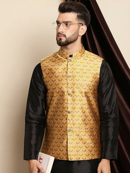 Mustard Yellow & Beige Woven Design Nehru Jacket for Men | Sleeveless with Mandarin Collar & Pockets