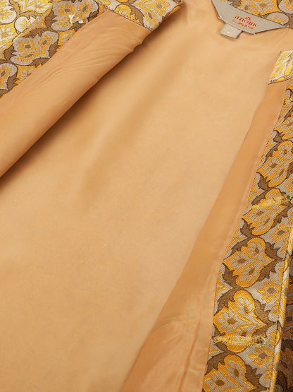 Mustard Yellow & Beige Woven Design Nehru Jacket for Men | Sleeveless with Mandarin Collar & Pockets