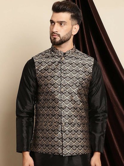 Black and Cream Woven Design Nehru Jacket for Men - Sleeveless with Mandarin Collar & Pockets