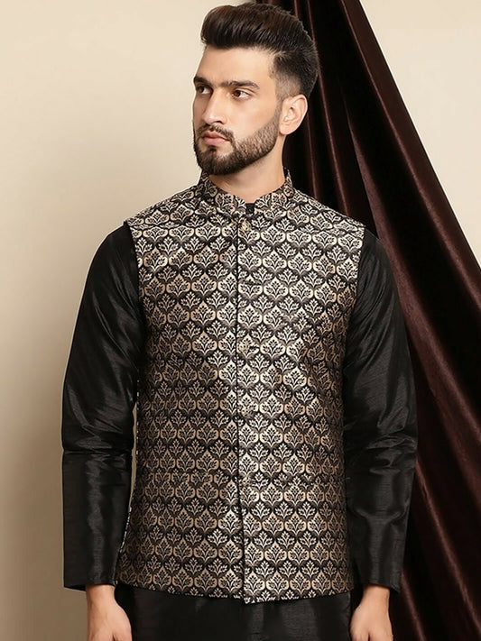 Black and Cream Woven Design Nehru Jacket for Men - Sleeveless with Mandarin Collar & Pockets