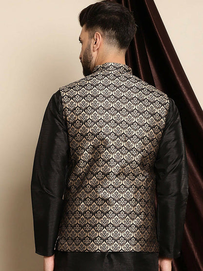 Black and Cream Woven Design Nehru Jacket for Men - Sleeveless with Mandarin Collar & Pockets