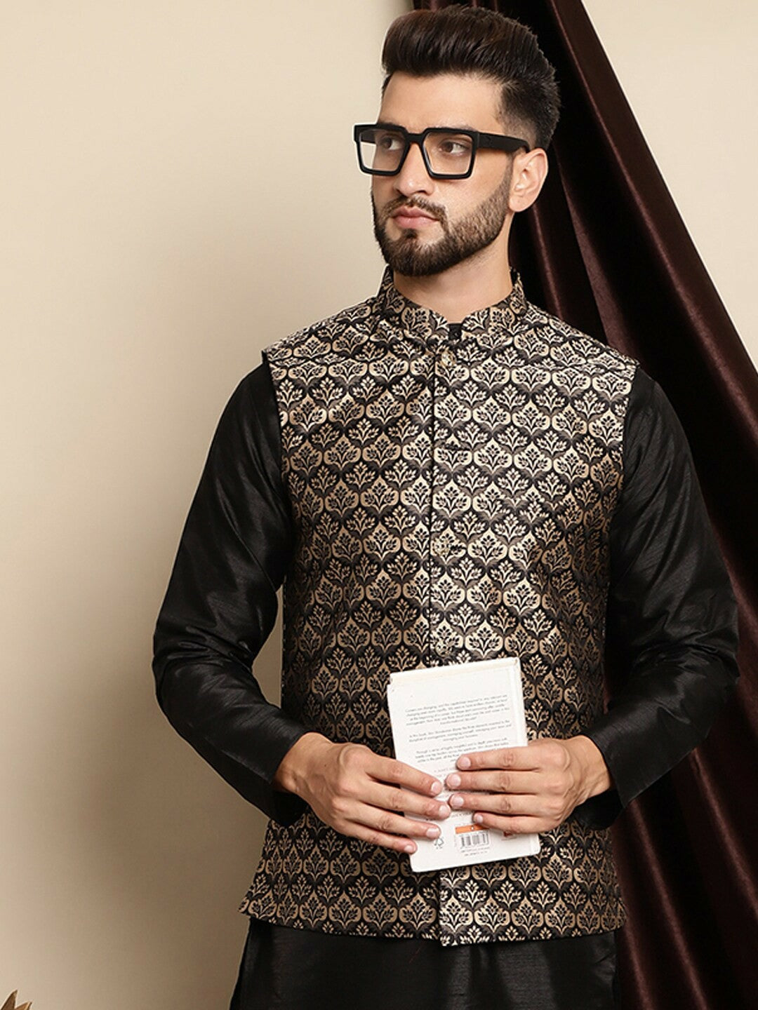 Black and Cream Woven Design Nehru Jacket for Men - Sleeveless with Mandarin Collar & Pockets