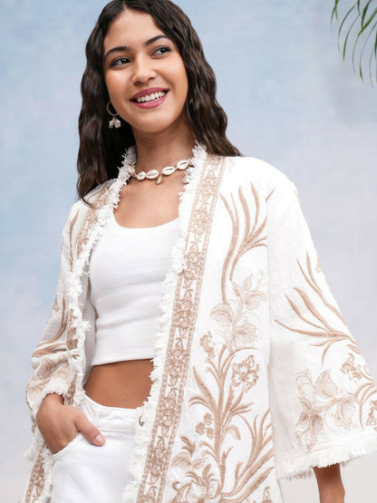 Buy Women Open Front Embroidered Kimono Jacket – Off White | Indiaista