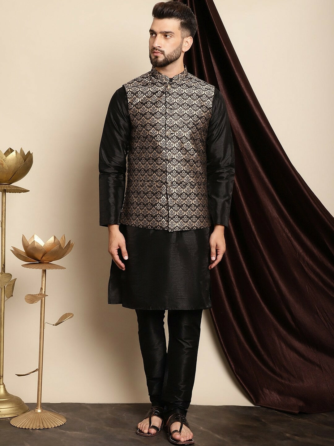 Black and Cream Woven Design Nehru Jacket for Men - Sleeveless with Mandarin Collar & Pockets