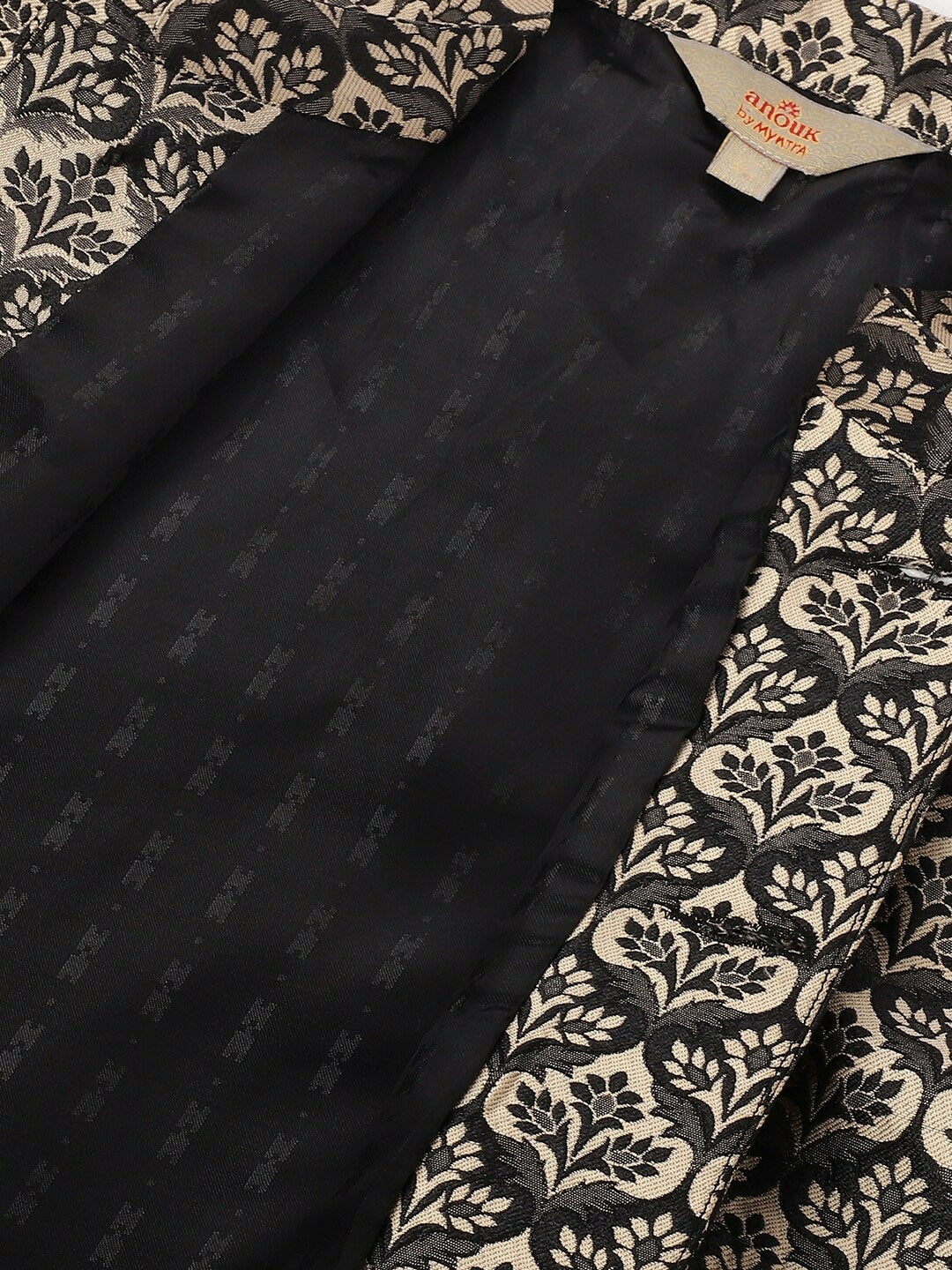 Black and Cream Woven Design Nehru Jacket for Men - Sleeveless with Mandarin Collar & Pockets