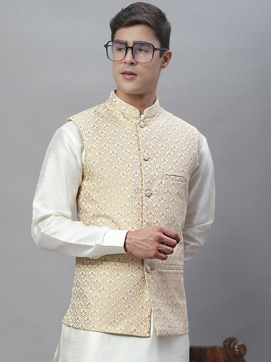 Men's White & Cream Woven Design Nehru Jacket - Regular Fit, Mandarin Collar, Sleeveless, Satin Fabric