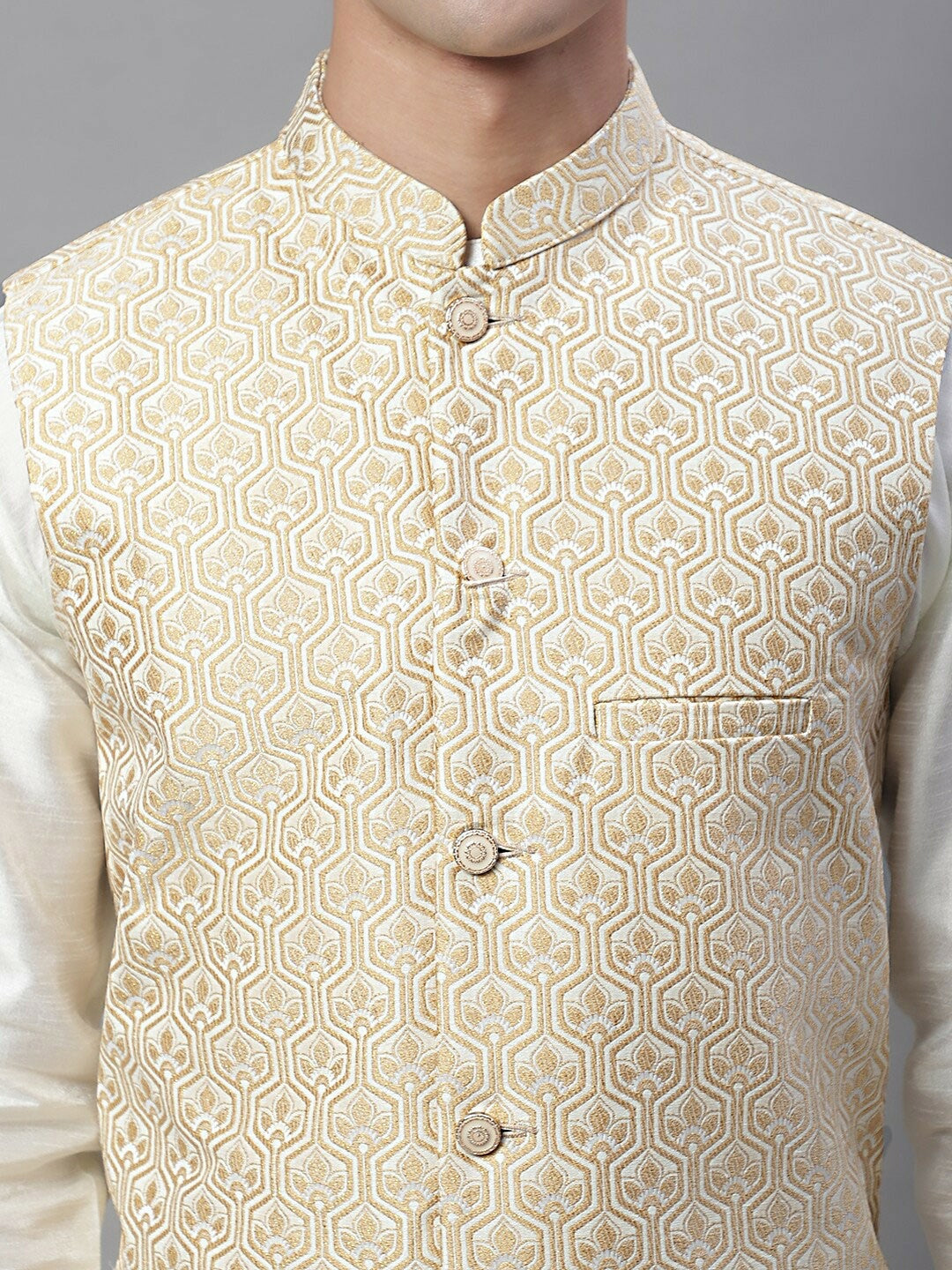 Men's White & Cream Woven Design Nehru Jacket - Regular Fit, Mandarin Collar, Sleeveless, Satin Fabric