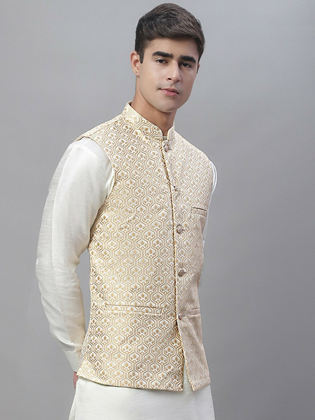 Men's White & Cream Woven Design Nehru Jacket - Regular Fit, Mandarin Collar, Sleeveless, Satin Fabric