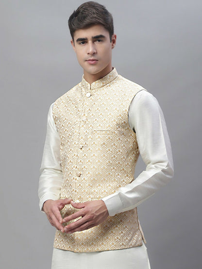 Men's White & Cream Woven Design Nehru Jacket - Regular Fit, Mandarin Collar, Sleeveless, Satin Fabric