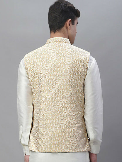 Men's White & Cream Woven Design Nehru Jacket - Regular Fit, Mandarin Collar, Sleeveless, Satin Fabric