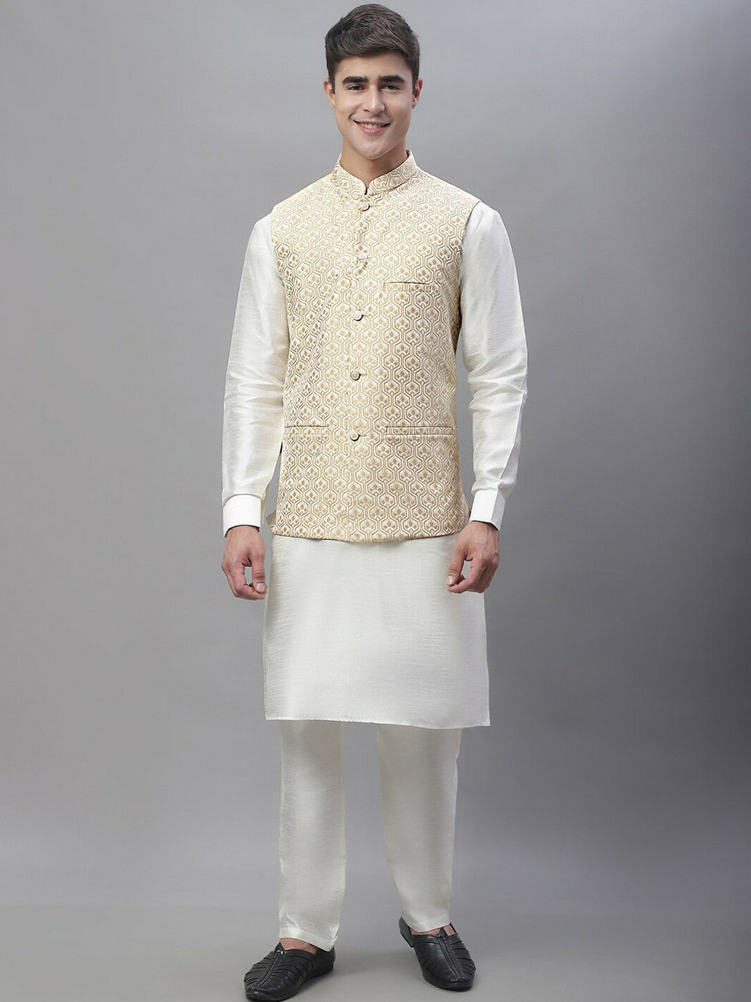 Men's White & Cream Woven Design Nehru Jacket - Regular Fit, Mandarin Collar, Sleeveless, Satin Fabric