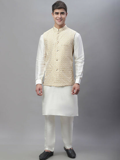 Men's White & Cream Woven Design Nehru Jacket - Regular Fit, Mandarin Collar, Sleeveless, Satin Fabric