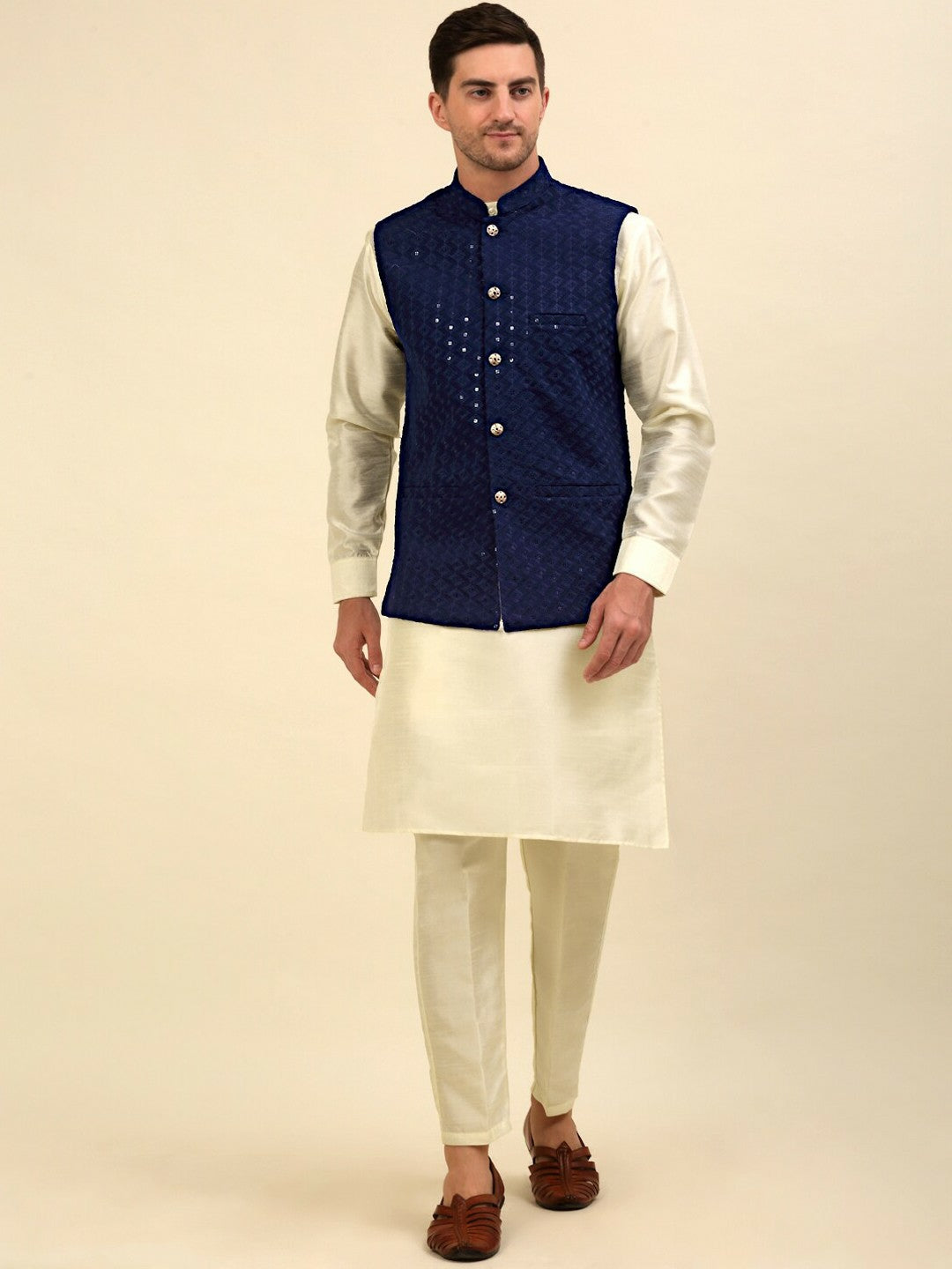 Buy Navy Blue Embroidered Nehru Jacket for Men – Regular Fit, Stylish & Elegant | Indiaista