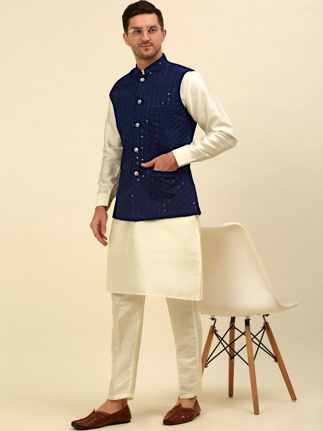 Buy Navy Blue Embroidered Nehru Jacket for Men – Regular Fit, Stylish & Elegant | Indiaista