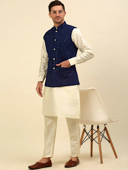 Buy Navy Blue Embroidered Nehru Jacket for Men – Regular Fit, Stylish & Elegant | Indiaista