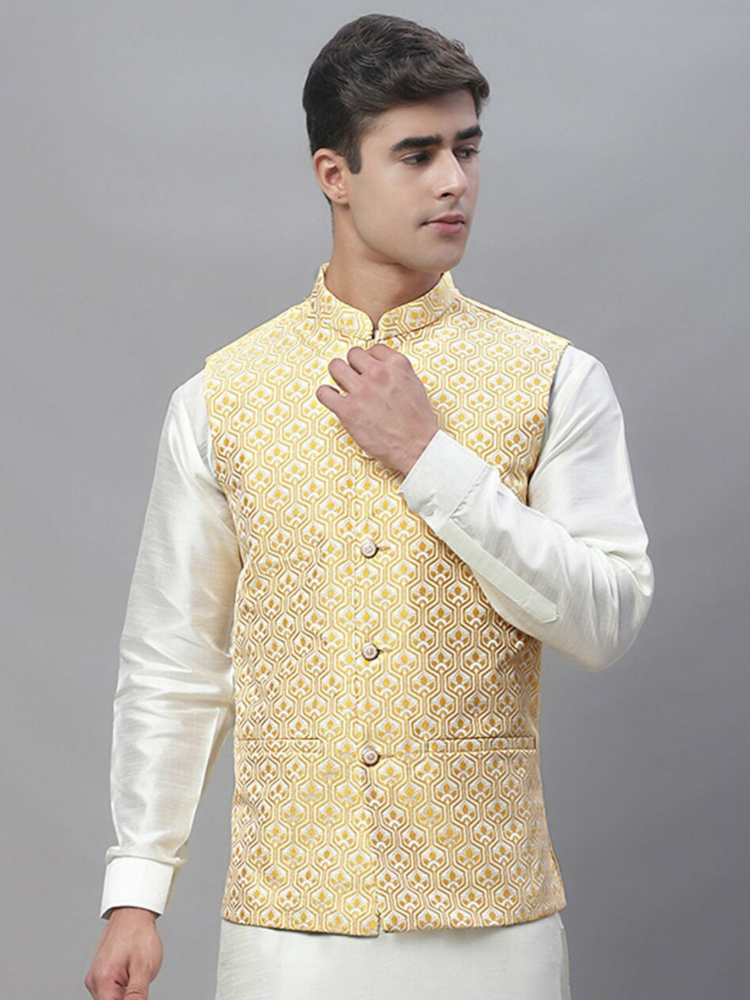 Men's Gold-Coloured & White Woven Design Nehru Jacket - Regular Fit, Mandarin Collar, Sleeveless | Stylish & Comfortable