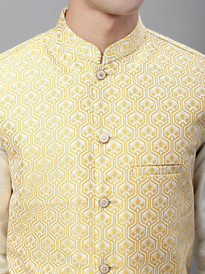 Men's Gold-Coloured & White Woven Design Nehru Jacket - Regular Fit, Mandarin Collar, Sleeveless | Stylish & Comfortable