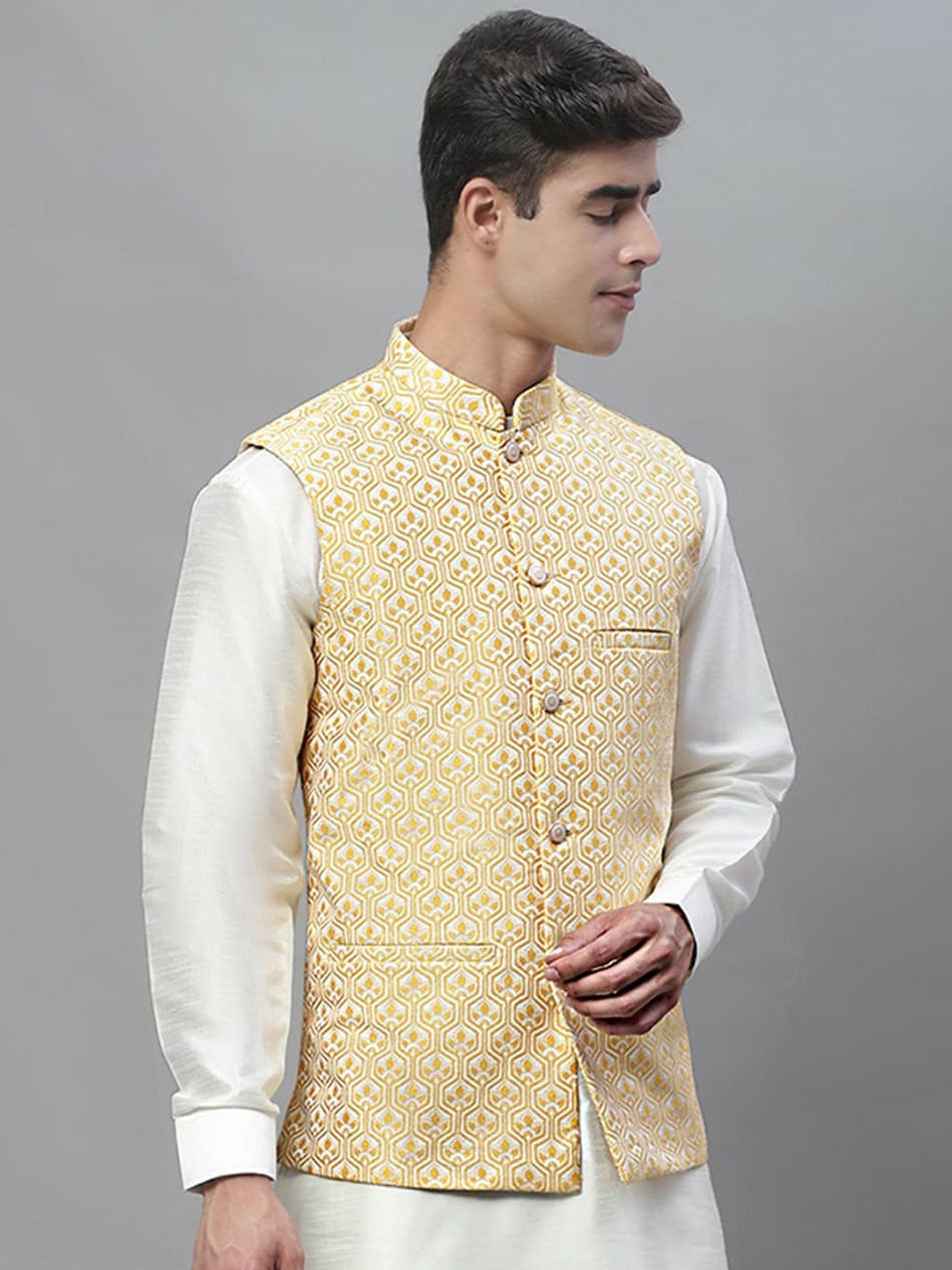 Men's Gold-Coloured & White Woven Design Nehru Jacket - Regular Fit, Mandarin Collar, Sleeveless | Stylish & Comfortable