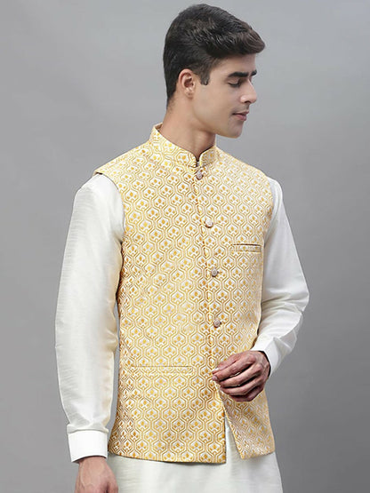 Men's Gold-Coloured & White Woven Design Nehru Jacket - Regular Fit, Mandarin Collar, Sleeveless | Stylish & Comfortable