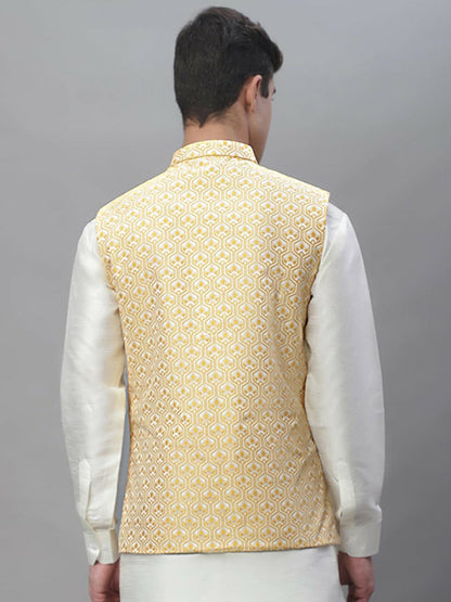 Men's Gold-Coloured & White Woven Design Nehru Jacket - Regular Fit, Mandarin Collar, Sleeveless | Stylish & Comfortable