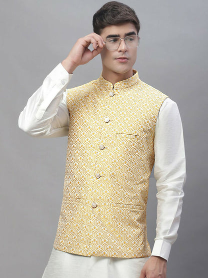 Men's Gold-Coloured & White Woven Design Nehru Jacket - Regular Fit, Mandarin Collar, Sleeveless | Stylish & Comfortable