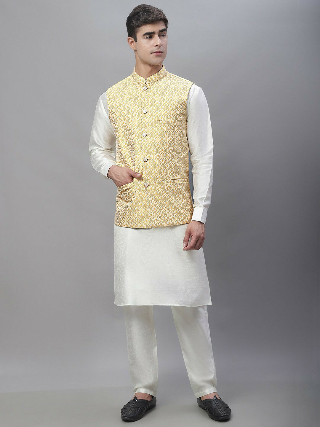 Men's Gold-Coloured & White Woven Design Nehru Jacket - Regular Fit, Mandarin Collar, Sleeveless | Stylish & Comfortable