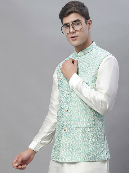 White & Turquoise Blue Woven Design Nehru Jacket for Men - Regular Fit, Mandarin Collar, Sleeveless