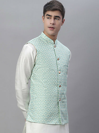 White & Turquoise Blue Woven Design Nehru Jacket for Men - Regular Fit, Mandarin Collar, Sleeveless