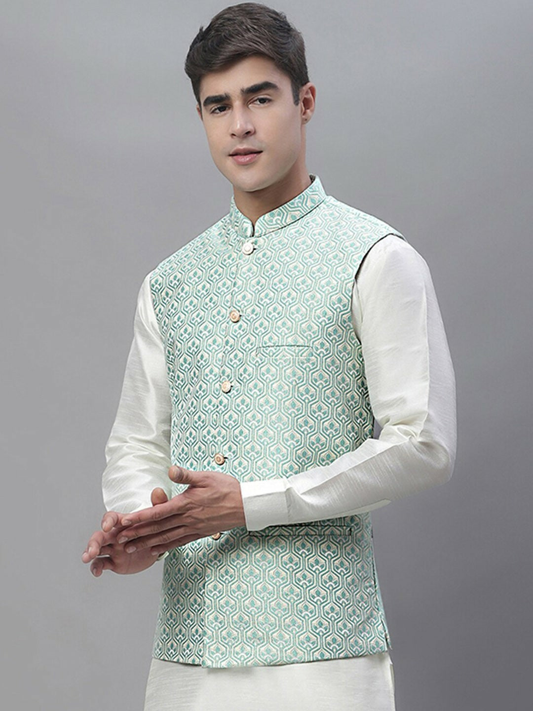 White & Turquoise Blue Woven Design Nehru Jacket for Men - Regular Fit, Mandarin Collar, Sleeveless