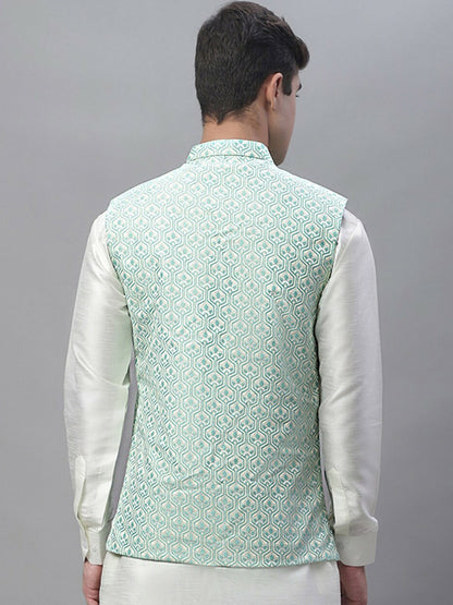 White & Turquoise Blue Woven Design Nehru Jacket for Men - Regular Fit, Mandarin Collar, Sleeveless