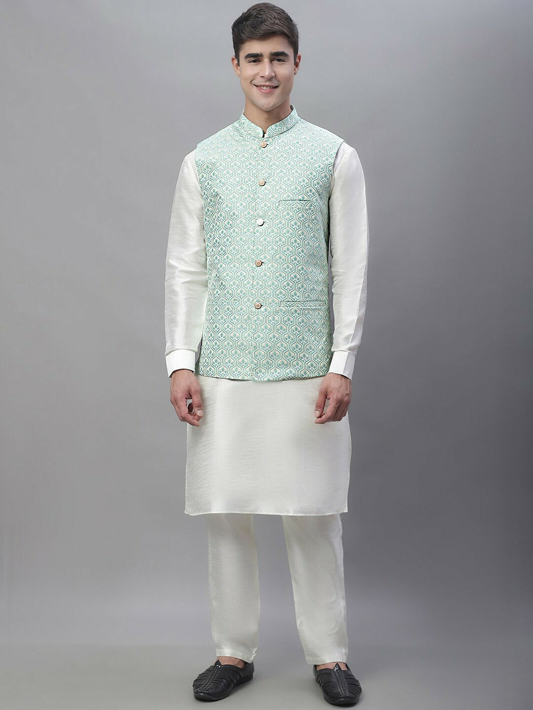 White & Turquoise Blue Woven Design Nehru Jacket for Men - Regular Fit, Mandarin Collar, Sleeveless