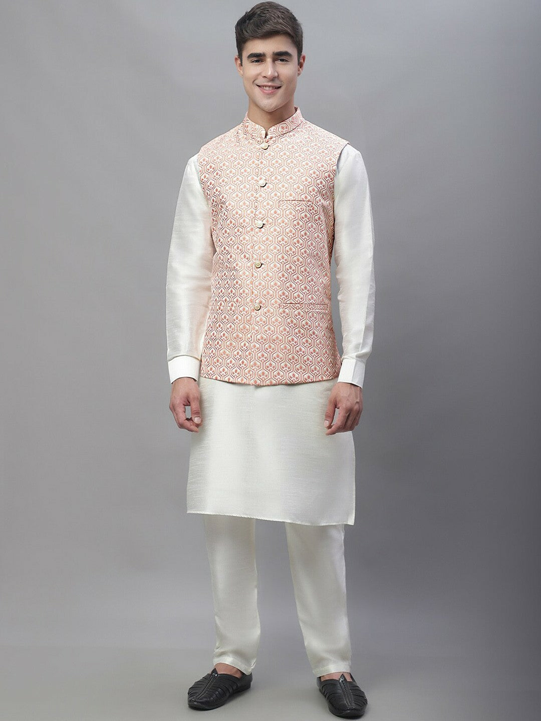 Men Woven Design Satin Nehru Jacket - Peach & White | Regular Fit, Mandarin Collar, Button Closure