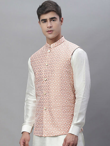 Men Woven Design Satin Nehru Jacket - Peach & White | Regular Fit, Mandarin Collar, Button Closure