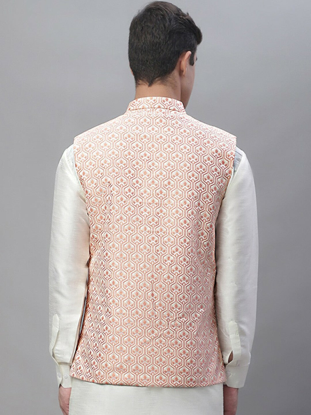 Men Woven Design Satin Nehru Jacket - Peach & White | Regular Fit, Mandarin Collar, Button Closure