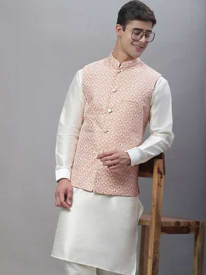 Men Woven Design Satin Nehru Jacket - Peach & White | Regular Fit, Mandarin Collar, Button Closure