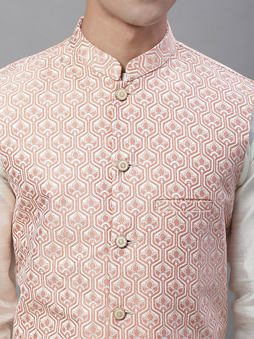 Men Woven Design Satin Nehru Jacket - Peach & White | Regular Fit, Mandarin Collar, Button Closure