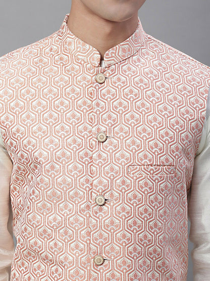 Men Woven Design Satin Nehru Jacket - Peach & White | Regular Fit, Mandarin Collar, Button Closure