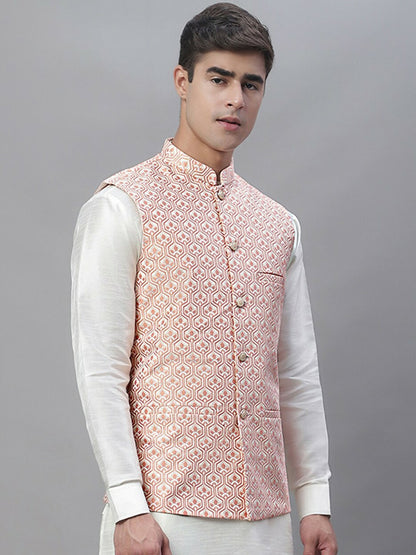 Men Woven Design Satin Nehru Jacket - Peach & White | Regular Fit, Mandarin Collar, Button Closure