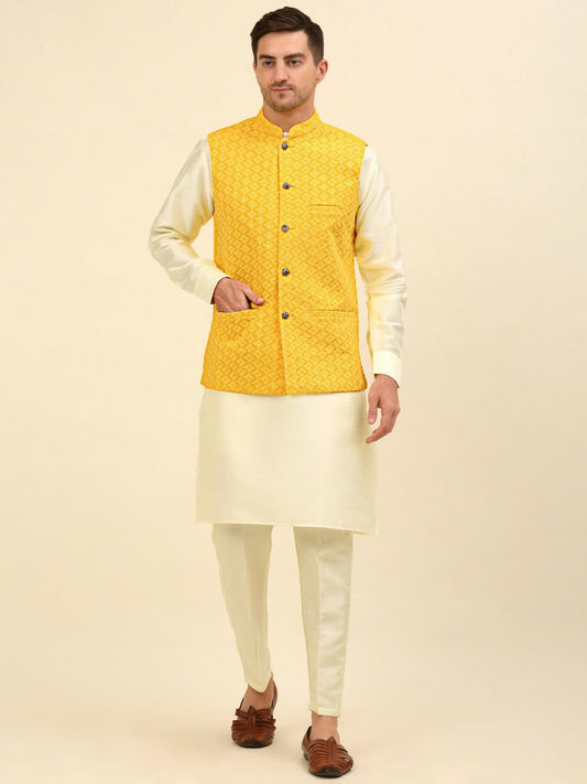 Buy Yellow Embroidered Nehru Jacket for Men – Stylish & Elegant | Indiaista