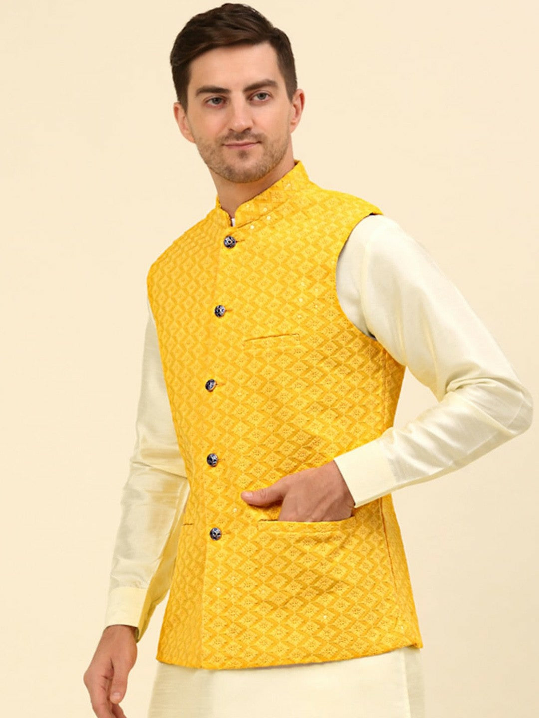 Buy Yellow Embroidered Nehru Jacket for Men – Stylish & Elegant | Indiaista