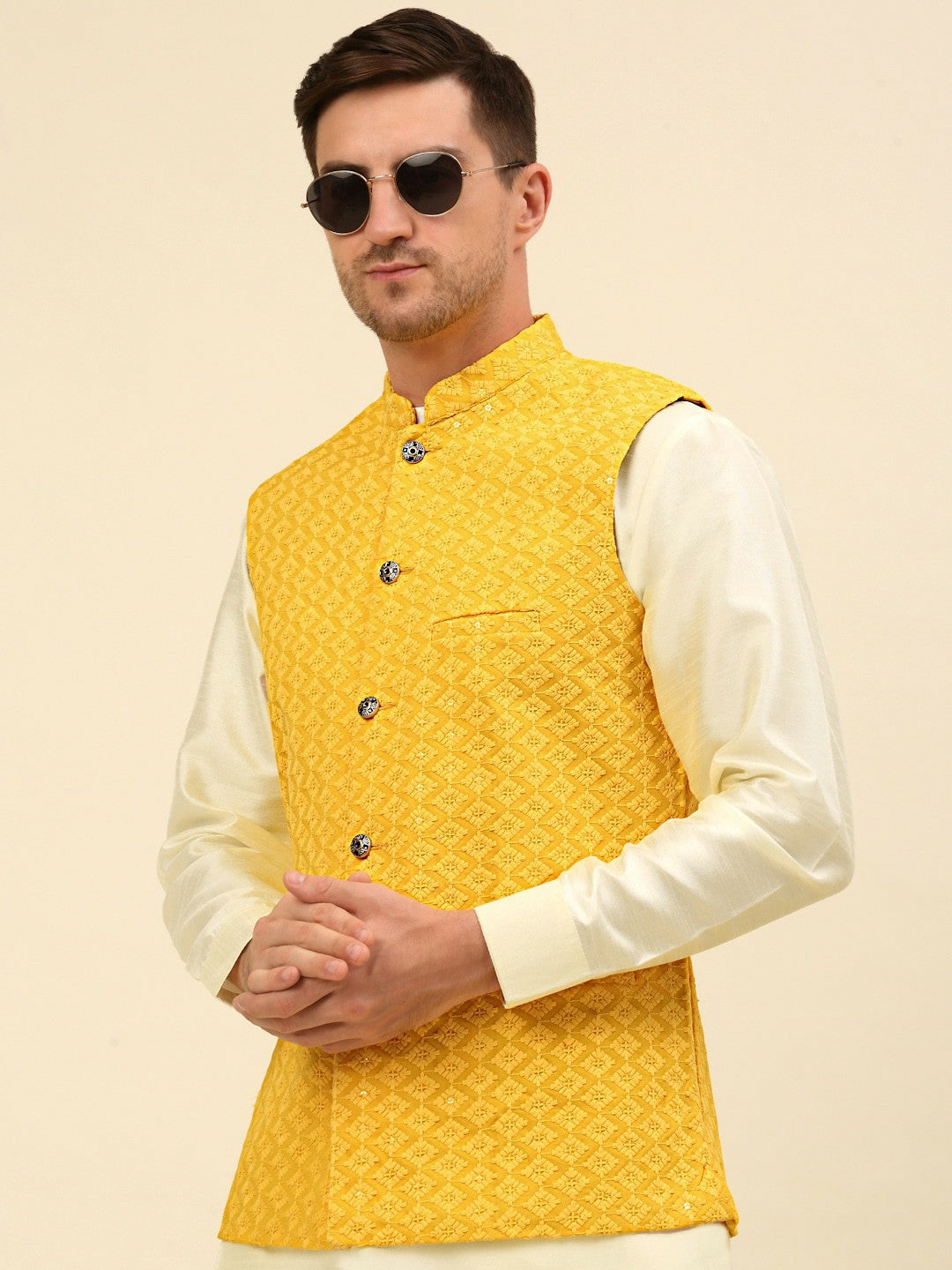 Buy Yellow Embroidered Nehru Jacket for Men – Stylish & Elegant | Indiaista