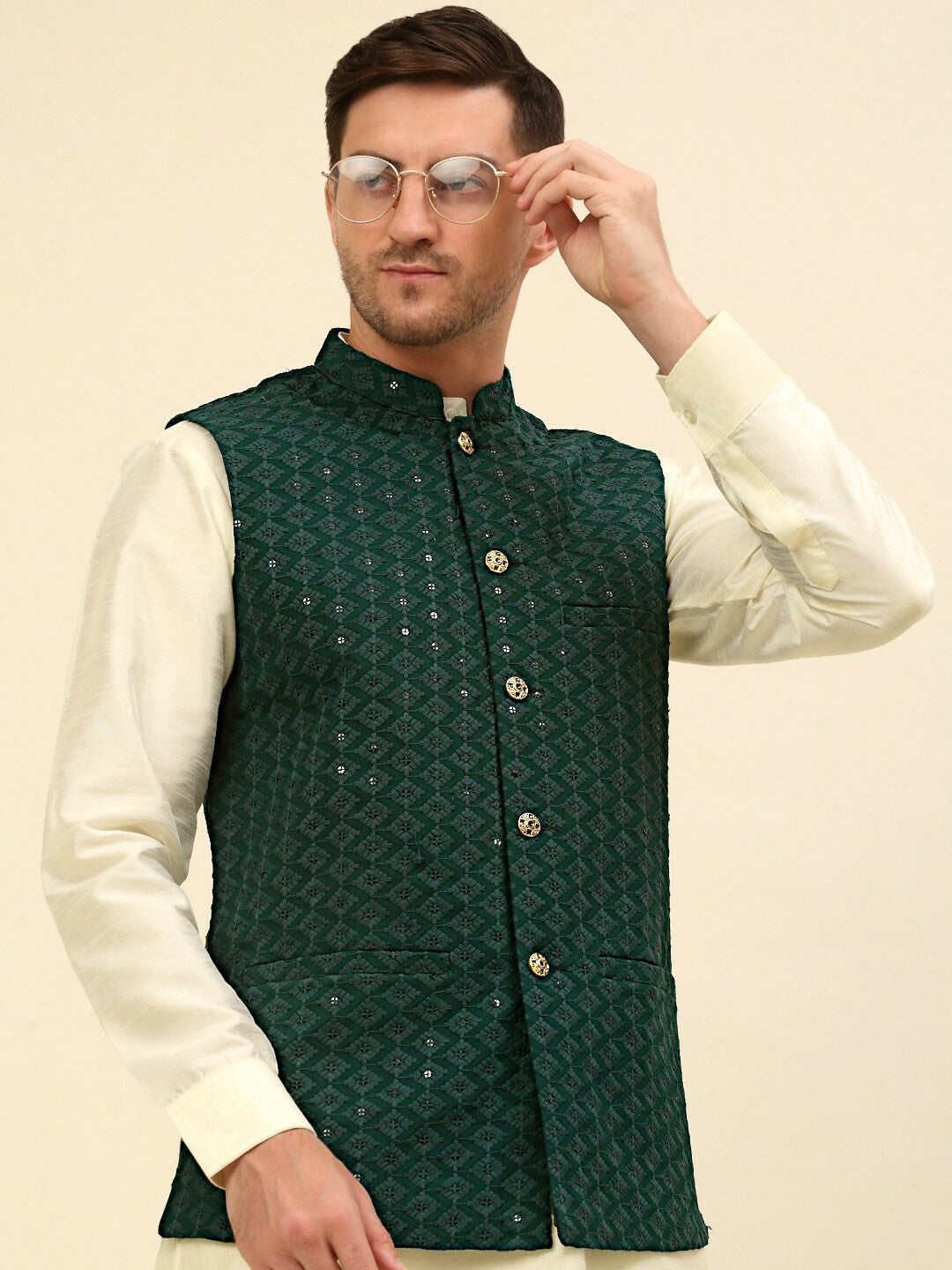 Buy Olive Green Embroidered Nehru Jacket for Men – Stylish & Elegant | Indiaista