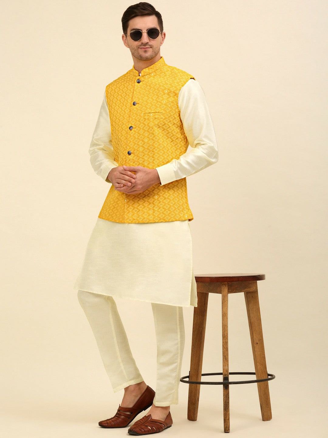 Buy Yellow Embroidered Nehru Jacket for Men – Stylish & Elegant | Indiaista