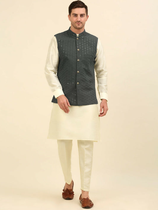 Grey Embroidered Sequinned Nehru Jacket – Stylish & Elegant | Indiaista