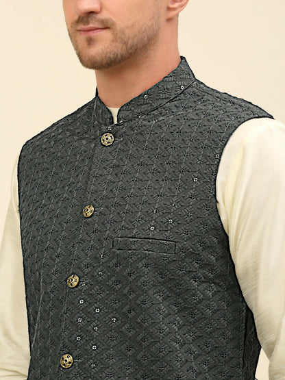 Grey Embroidered Sequinned Nehru Jacket – Stylish & Elegant | Indiaista