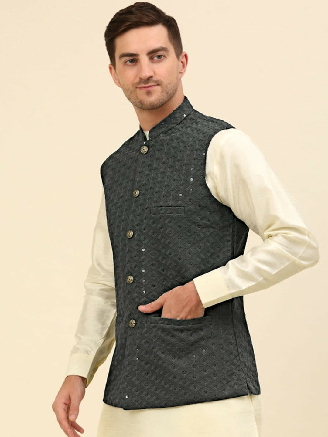 Grey Embroidered Sequinned Nehru Jacket – Stylish & Elegant | Indiaista